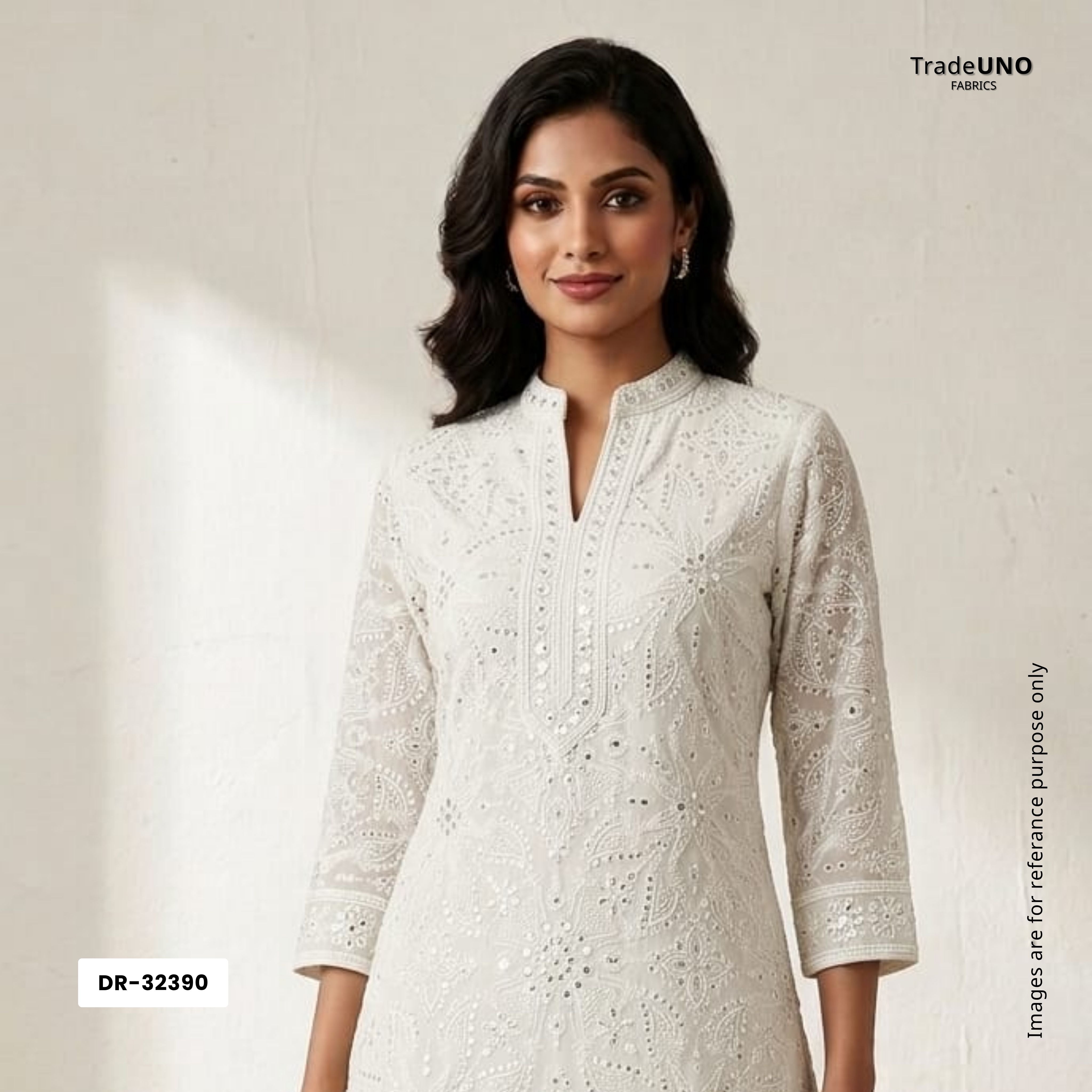 White Dyeable Mirror Thread Embroidery Georgette Fabric DR-32390 - TradeUNO