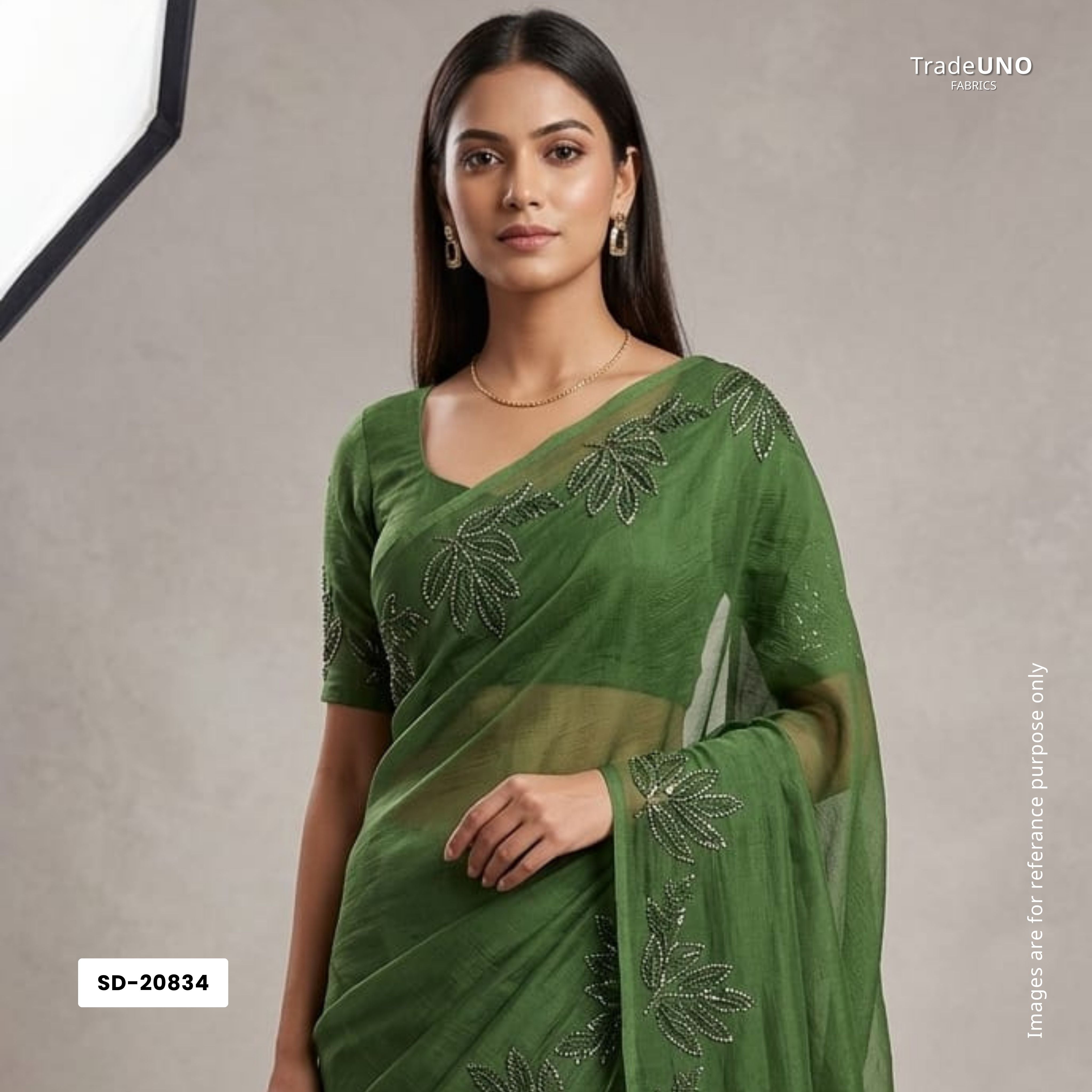 Olive Green Cutdana Embroidery Organza Fabric SD-20834 - TradeUNO