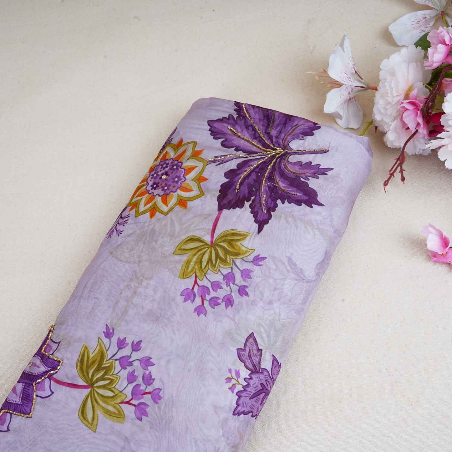 Lavender Cutdana Hand Work Floral Print Organza Fabric MT-28290