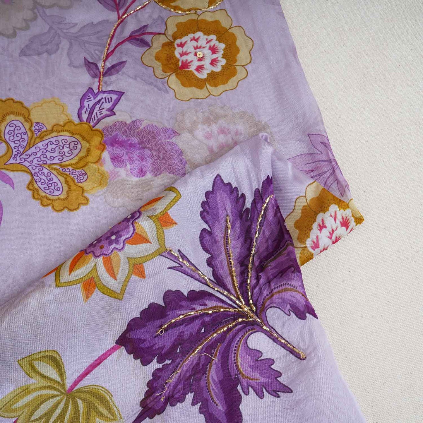 Lavender Cutdana Hand Work Floral Print Organza Fabric MT-28290