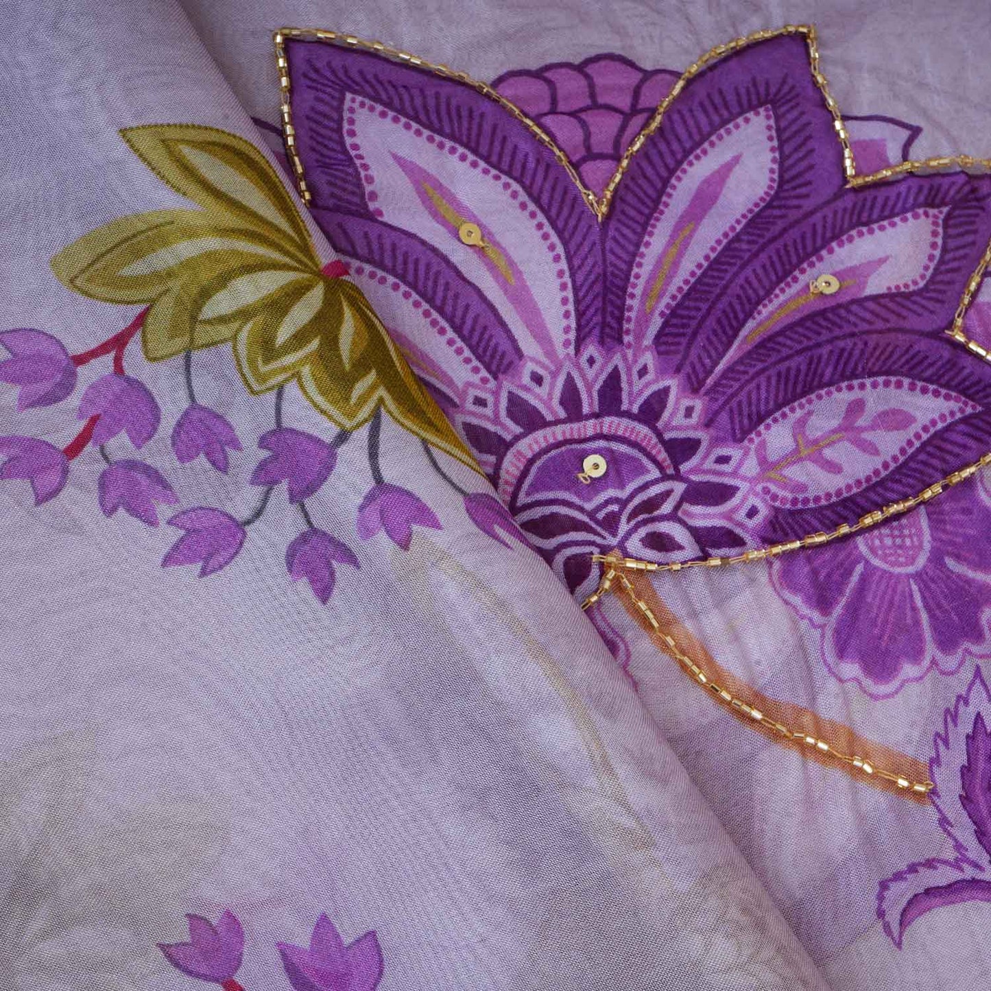 Lavender Cutdana Hand Work Floral Print Organza Fabric MT-28290