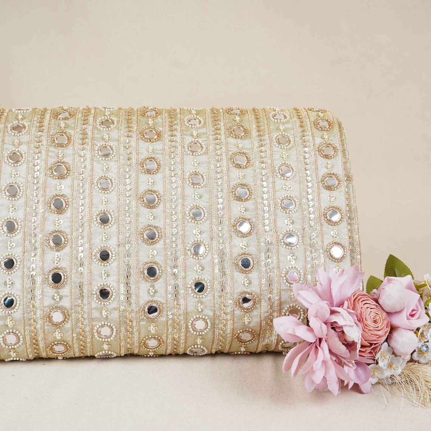 Gold Dyeable Pearl And Mirror Work Tissue Fabric SG-29003