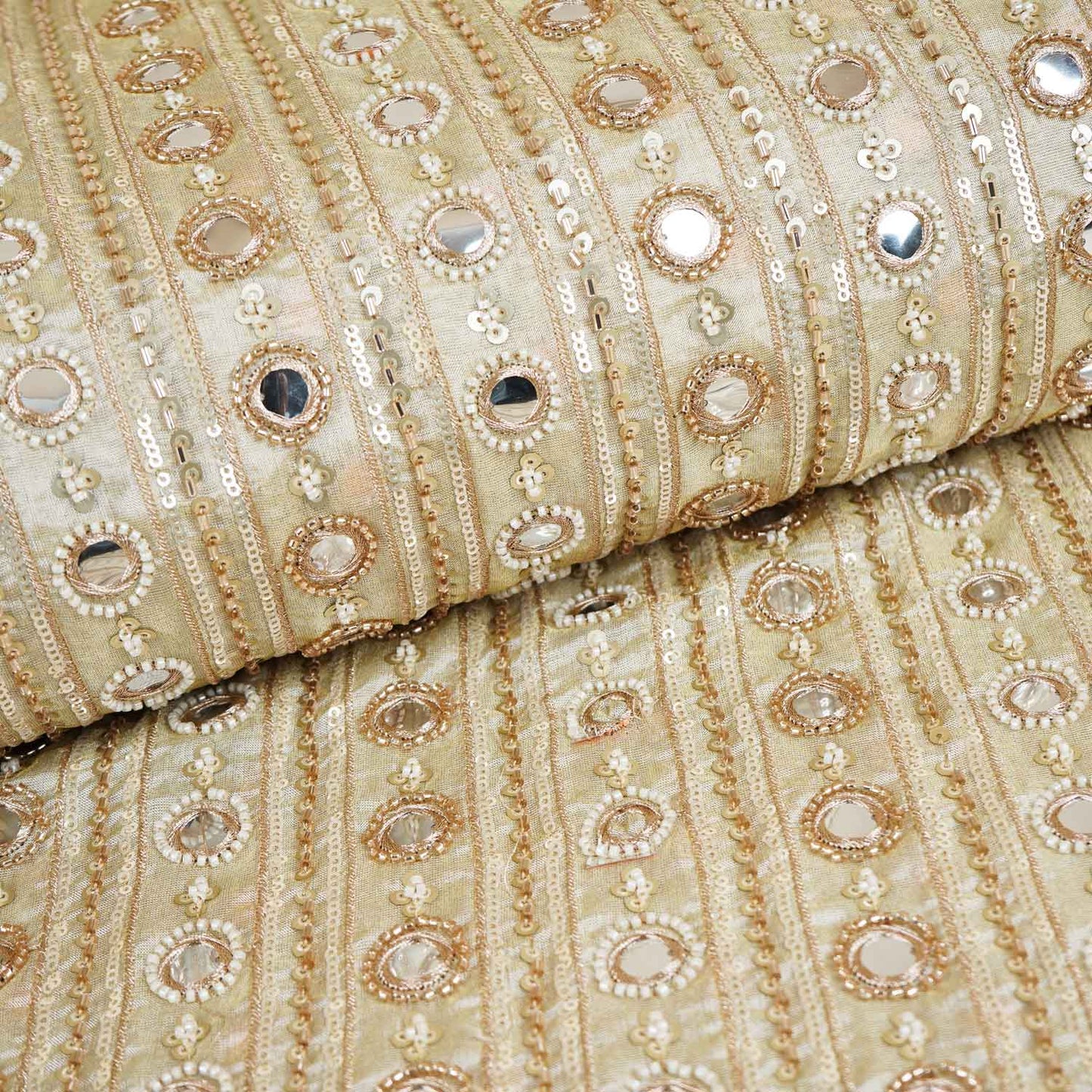 Gold Dyeable Pearl And Mirror Work Tissue Fabric SG-29003