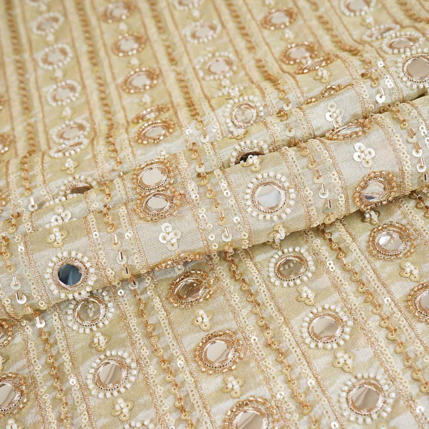 Gold Dyeable Pearl And Mirror Work Tissue Fabric SG-29003