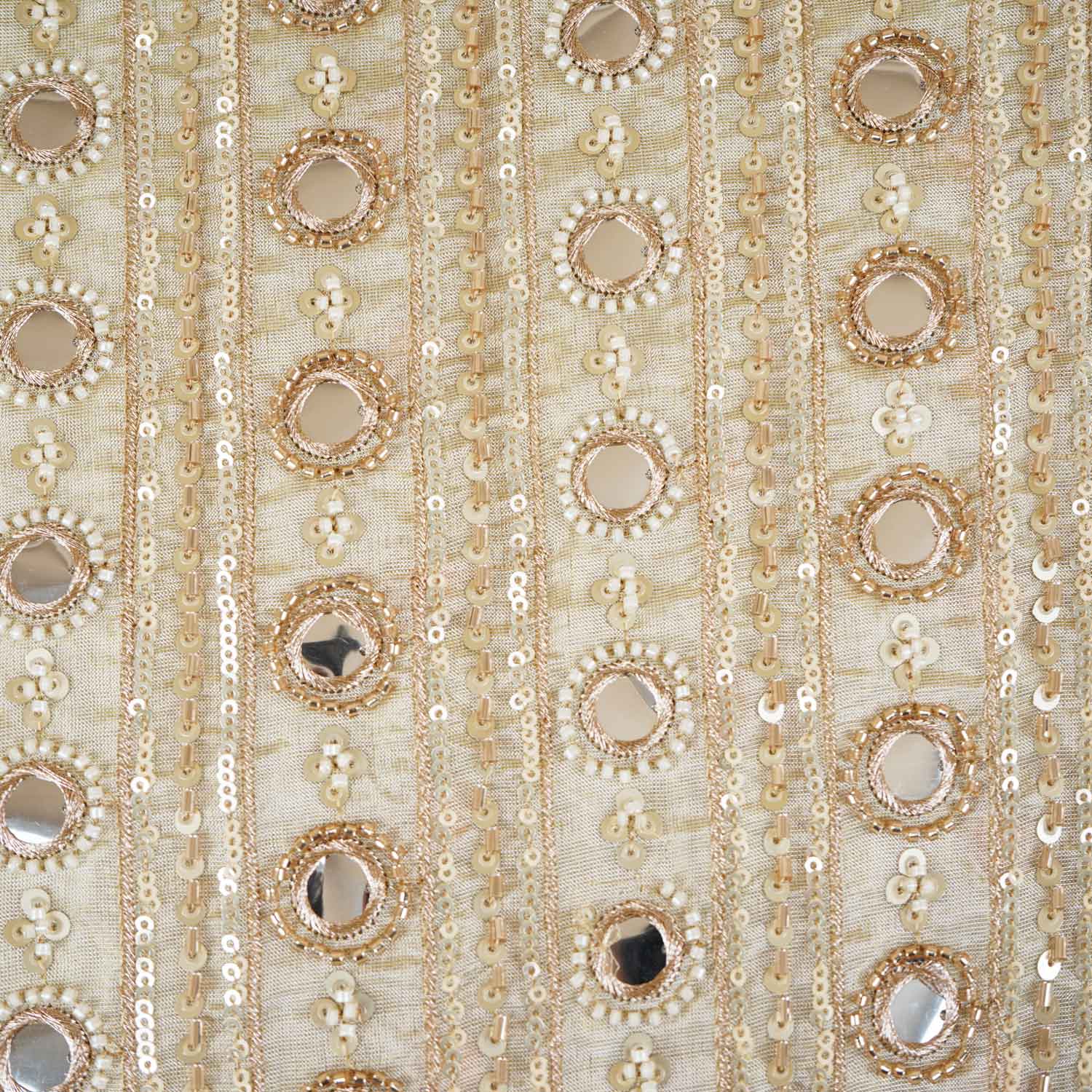 Gold Dyeable Pearl And Mirror Work Tissue Fabric SG-29003 - TradeUNO