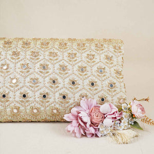 Gold Dyeable Pearl And Mirror Work Tissue Fabric SG-29004 - TradeUNO
