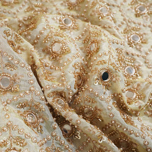 Gold Dyeable Pearl And Mirror Work Tissue Fabric SG-29004 - TradeUNO