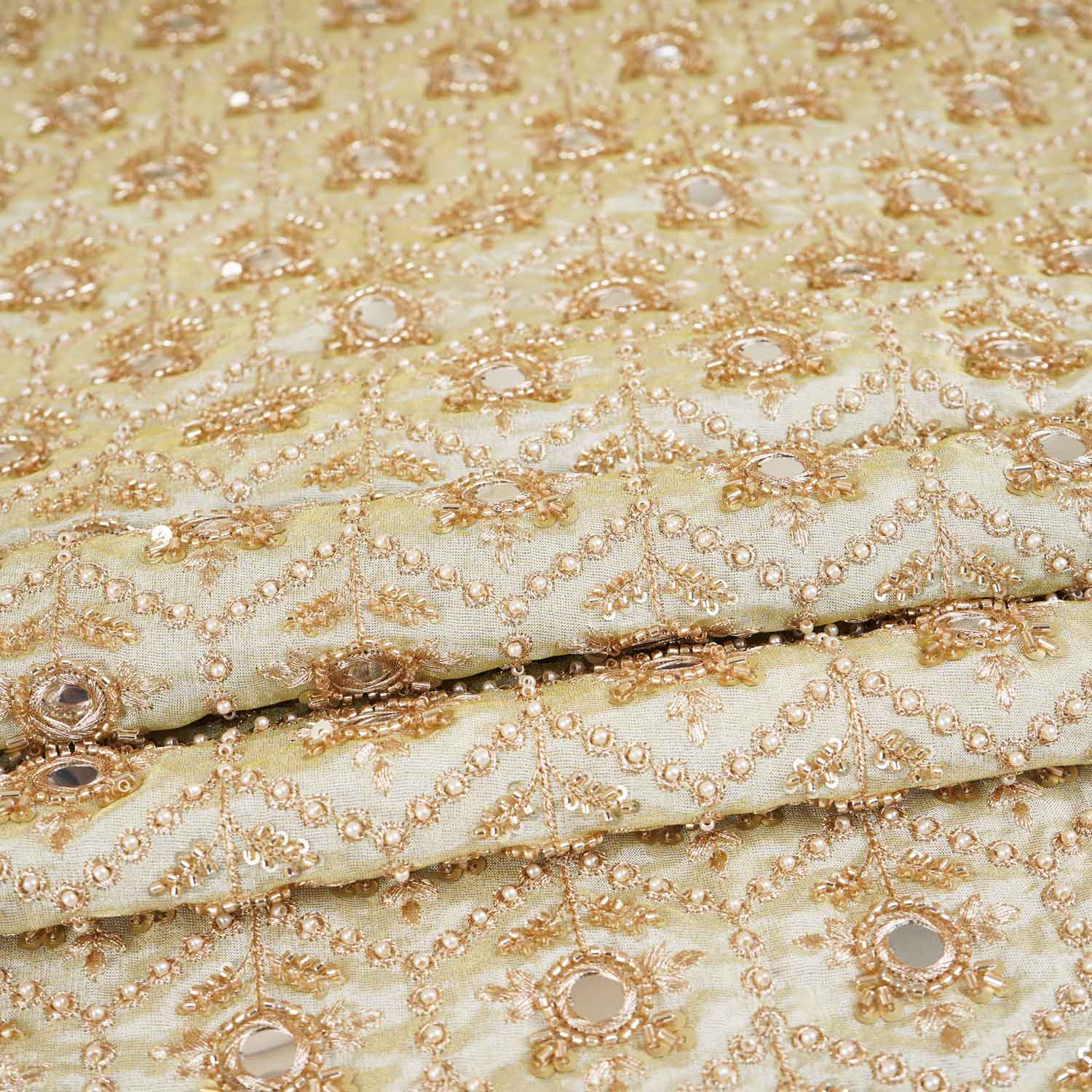 Gold Dyeable Pearl And Mirror Work Tissue Fabric SG-29004 - TradeUNO