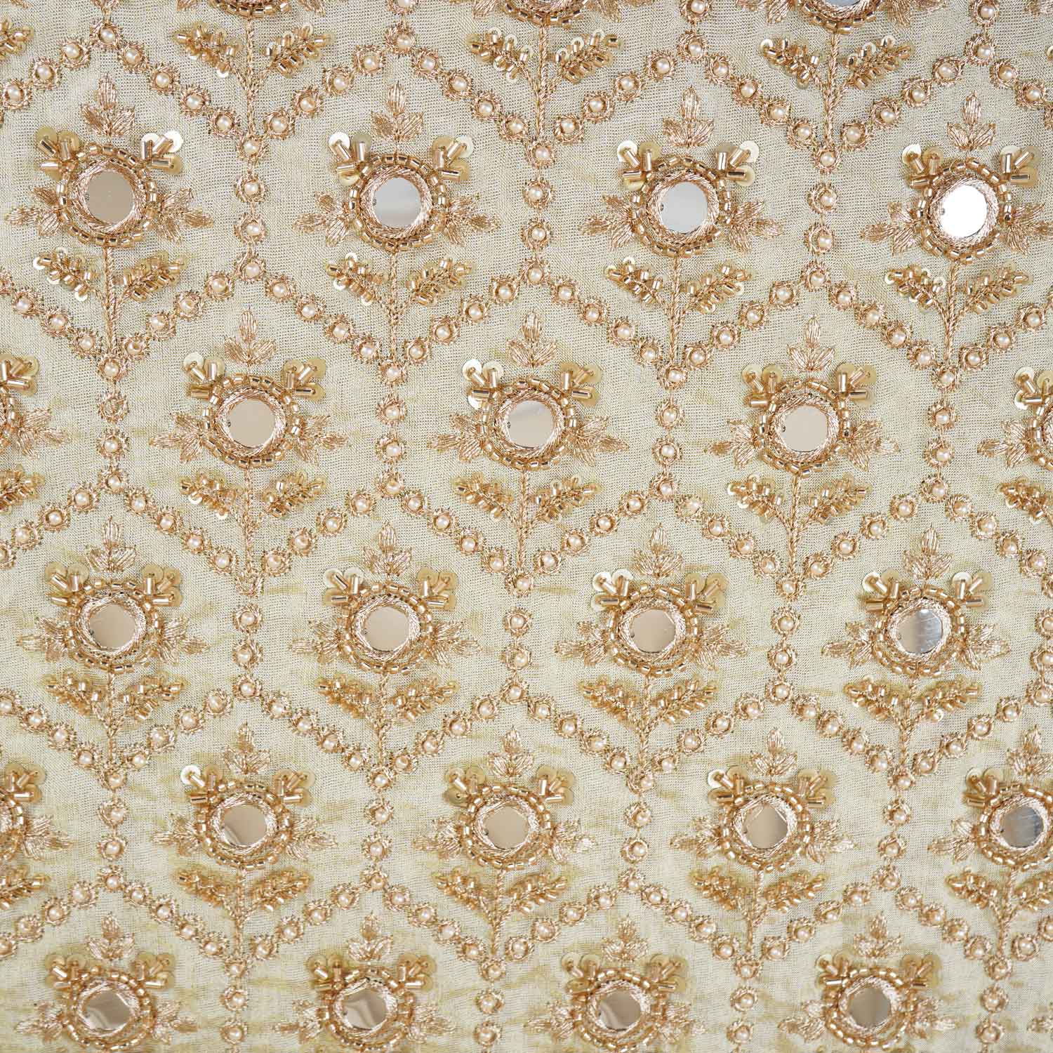Gold Dyeable Pearl And Mirror Work Tissue Fabric SG-29004 - TradeUNO