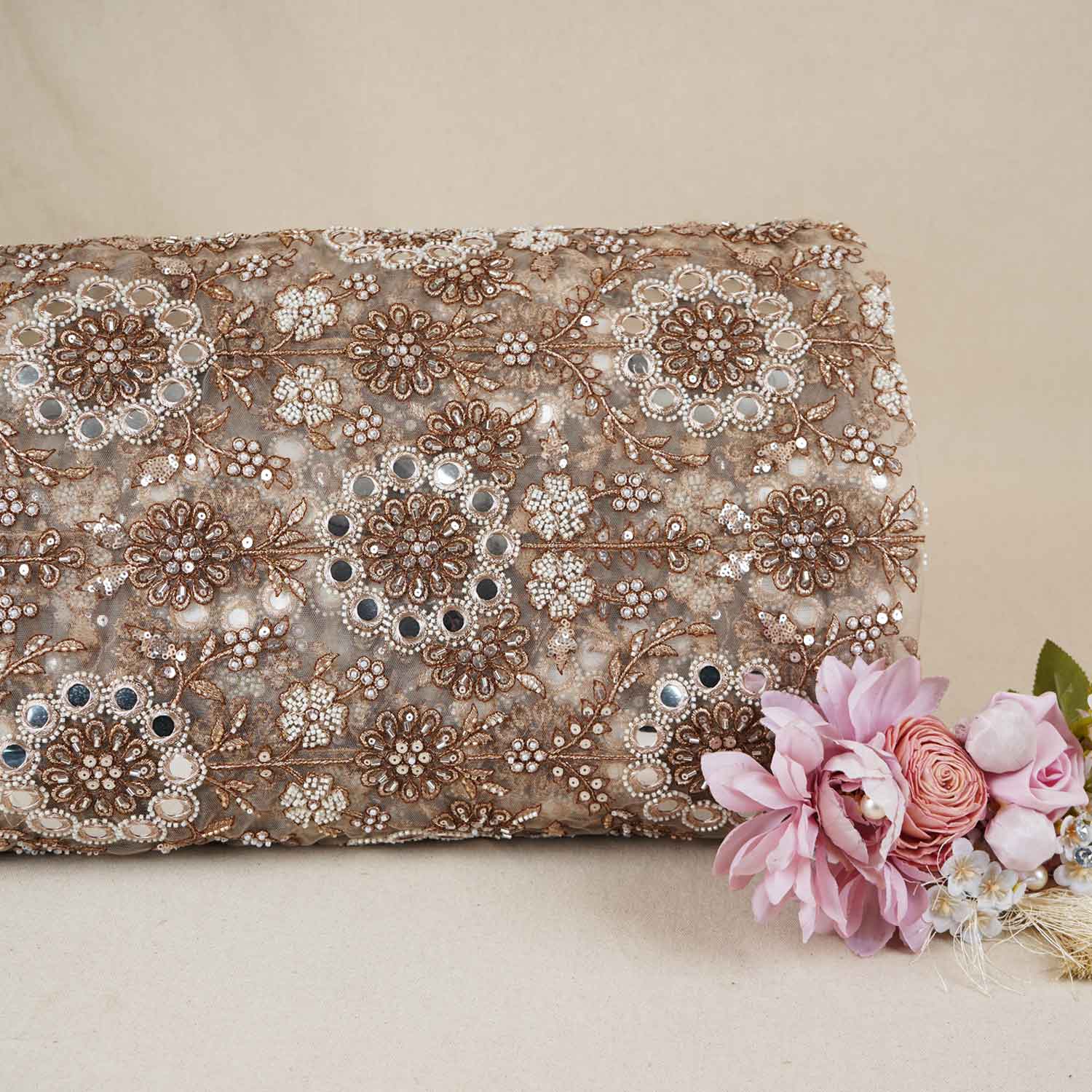 Beige Dyeable Pearl And Mirror Work Net Fabric SG-29005 - TradeUNO