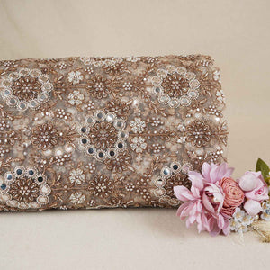 Beige Dyeable Pearl And Mirror Work Net Fabric SG-29005 - TradeUNO