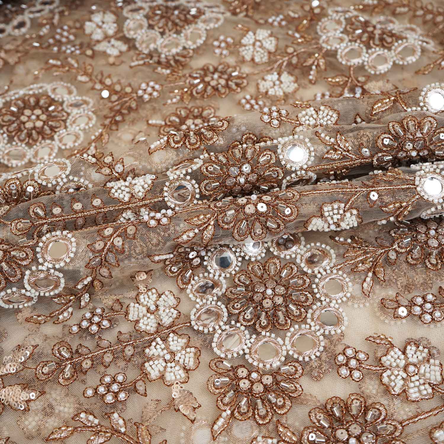 Buy Beige Dyeable Pearl And Mirror Work Net Fabric at TradeUNO