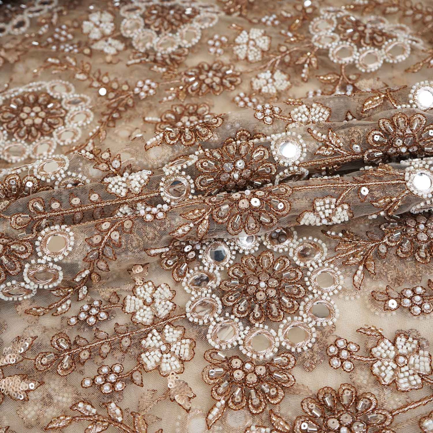 Beige Dyeable Pearl And Mirror Work Net Fabric SG-29005