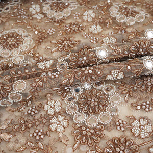 Beige Dyeable Pearl And Mirror Work Net Fabric SG-29005 - TradeUNO