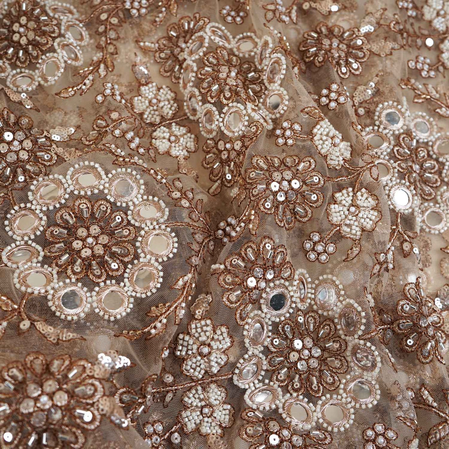 Beige Dyeable Pearl And Mirror Work Net Fabric SG-29005