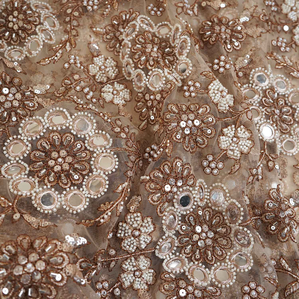 Beige Dyeable Pearl And Mirror Work Net Fabric SG-29005 - TradeUNO