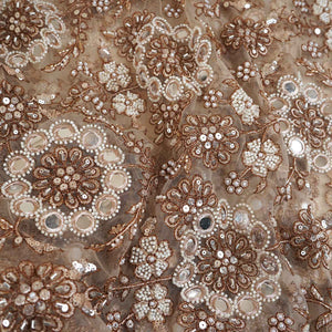 Beige Dyeable Pearl And Mirror Work Net Fabric SG-29005 - TradeUNO
