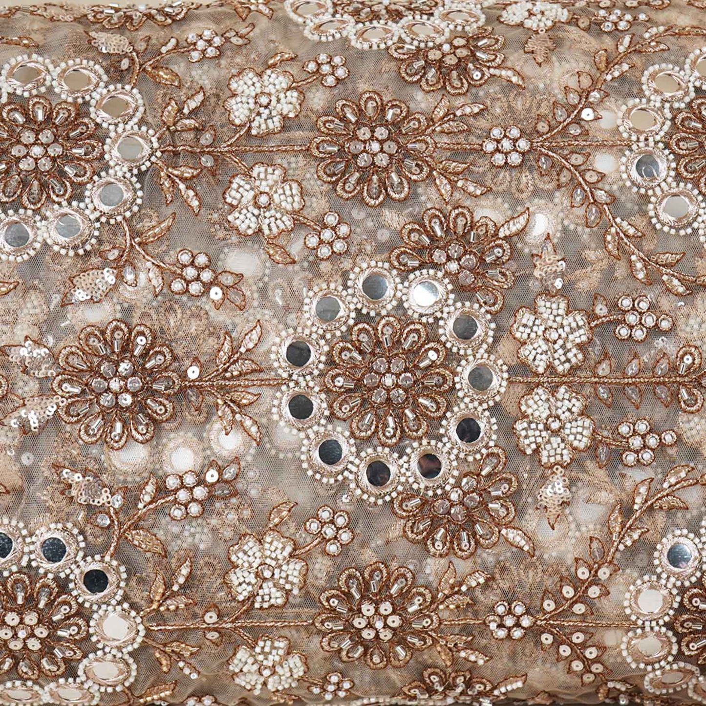 Beige Dyeable Pearl And Mirror Work Net Fabric SG-29005