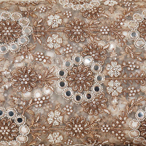 Beige Dyeable Pearl And Mirror Work Net Fabric SG-29005 - TradeUNO