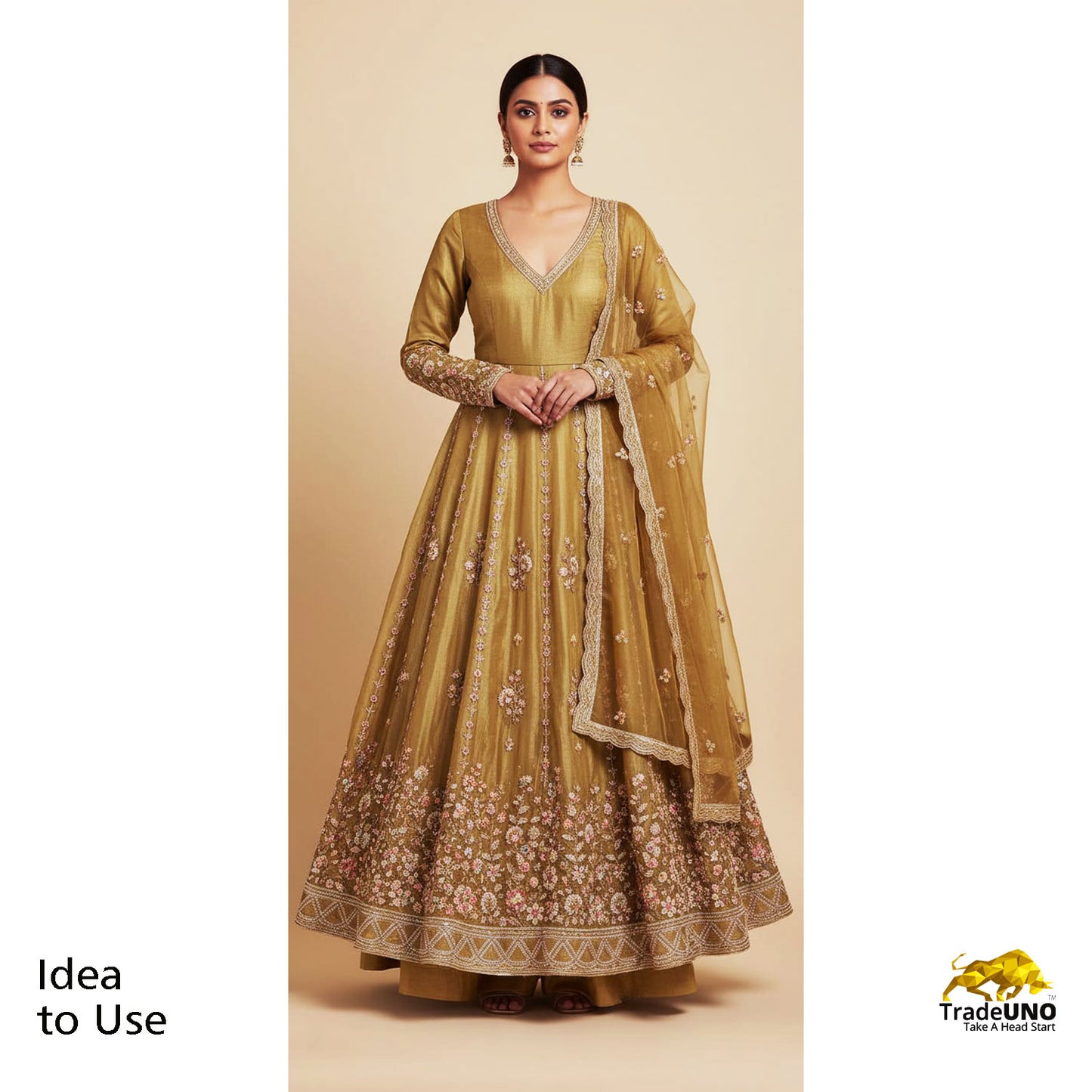 Mustard Floral Cutdana embroidery Tissue Fabric WI-29024