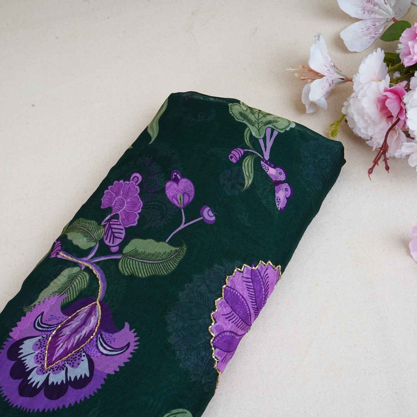 Dark Green Cutdana Hand Work Floral Print Organza Fabric MT-28291