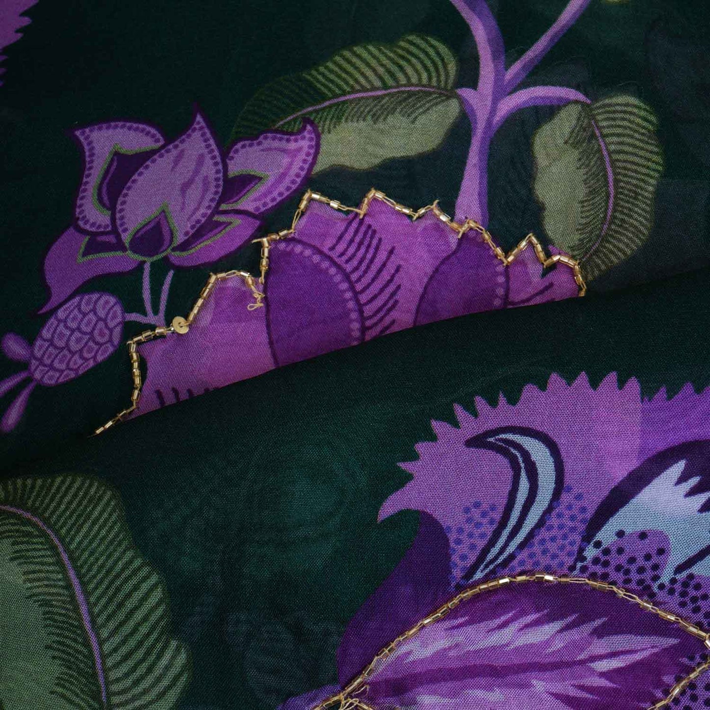 Dark Green Cutdana Hand Work Floral Print Organza Fabric MT-28291