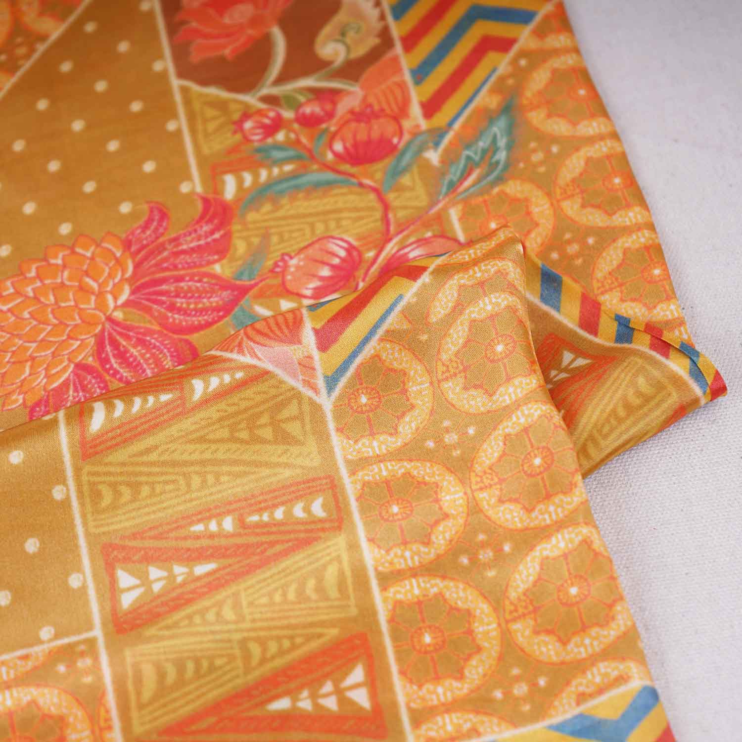 Mustard With Multicolor Floral Print Crepe Fabric GT-29177 - TradeUNO