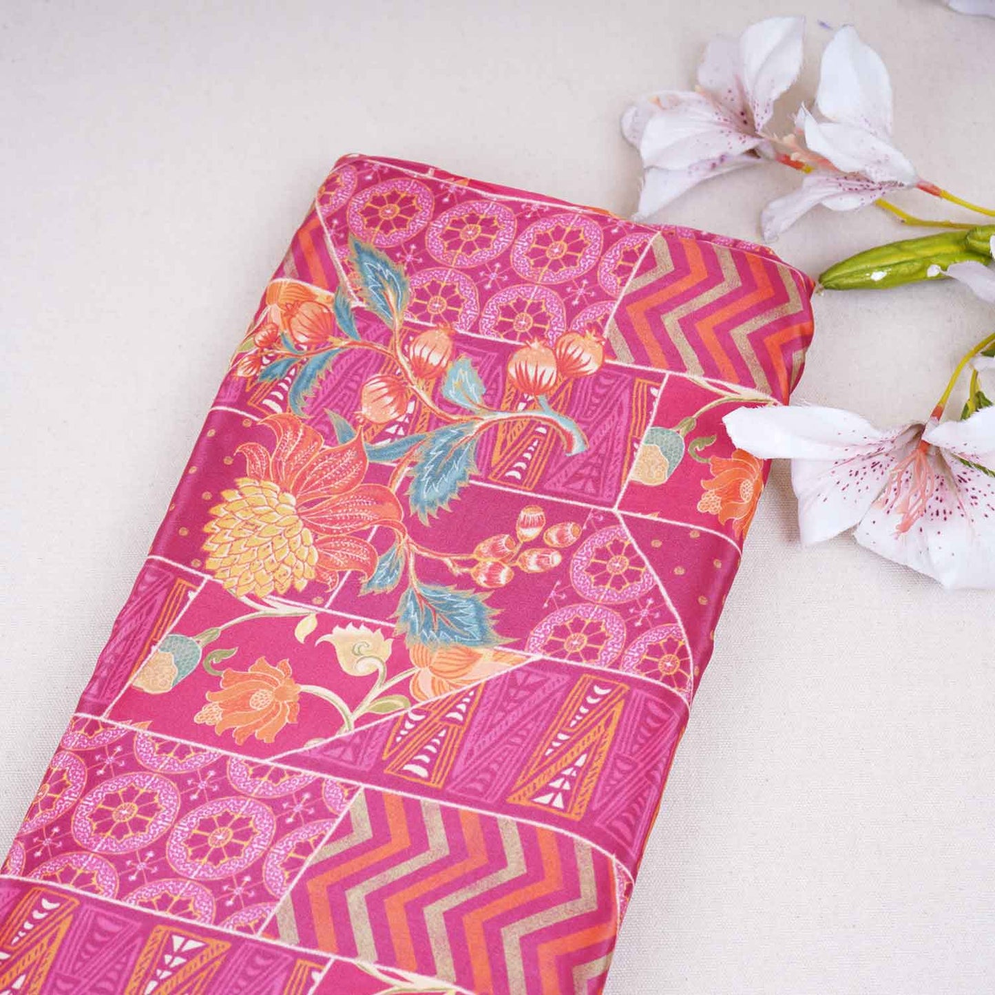 Magenta Pink With Multicolor Floral Print Crepe Fabric GT-29179