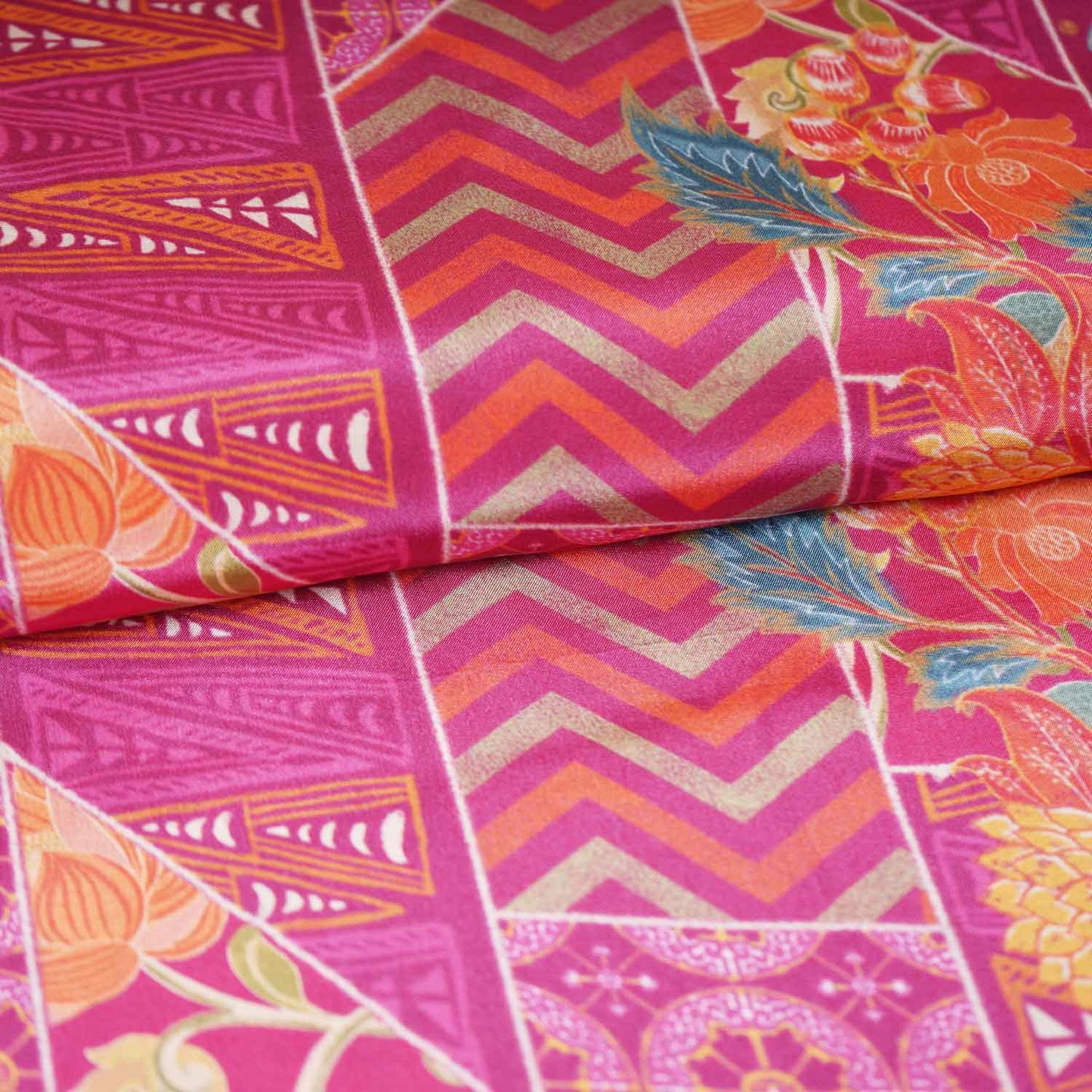 Magenta Pink With Multicolor Floral Print Crepe Fabric GT-29179