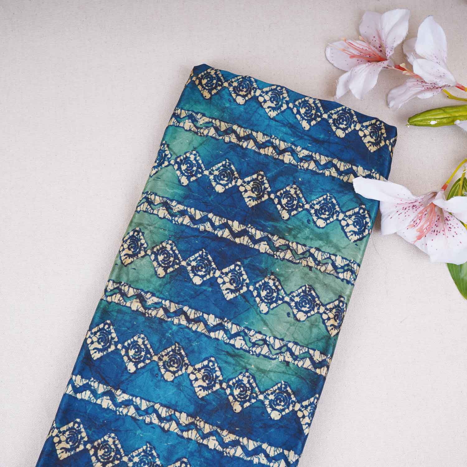 Teal Blue Strips Print Crepe Fabric GT-29180 - TradeUNO