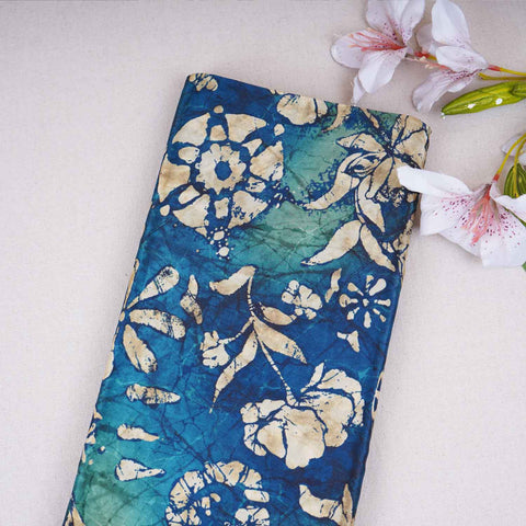 Teal Blue With Multicolor Floral Print Crepe Fabric GT-29181
