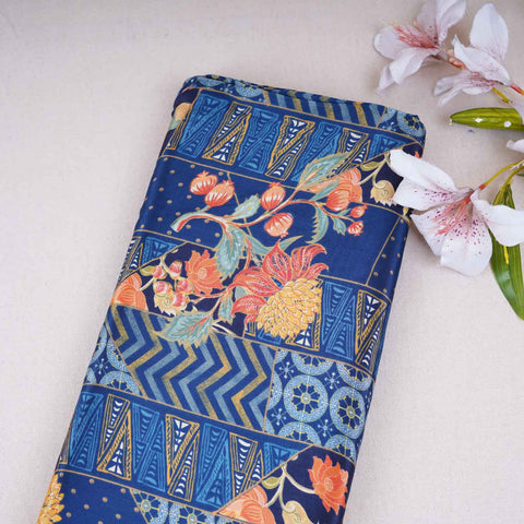 Navy Blue With Multicolor Floral Print Crepe Fabric GT-29182