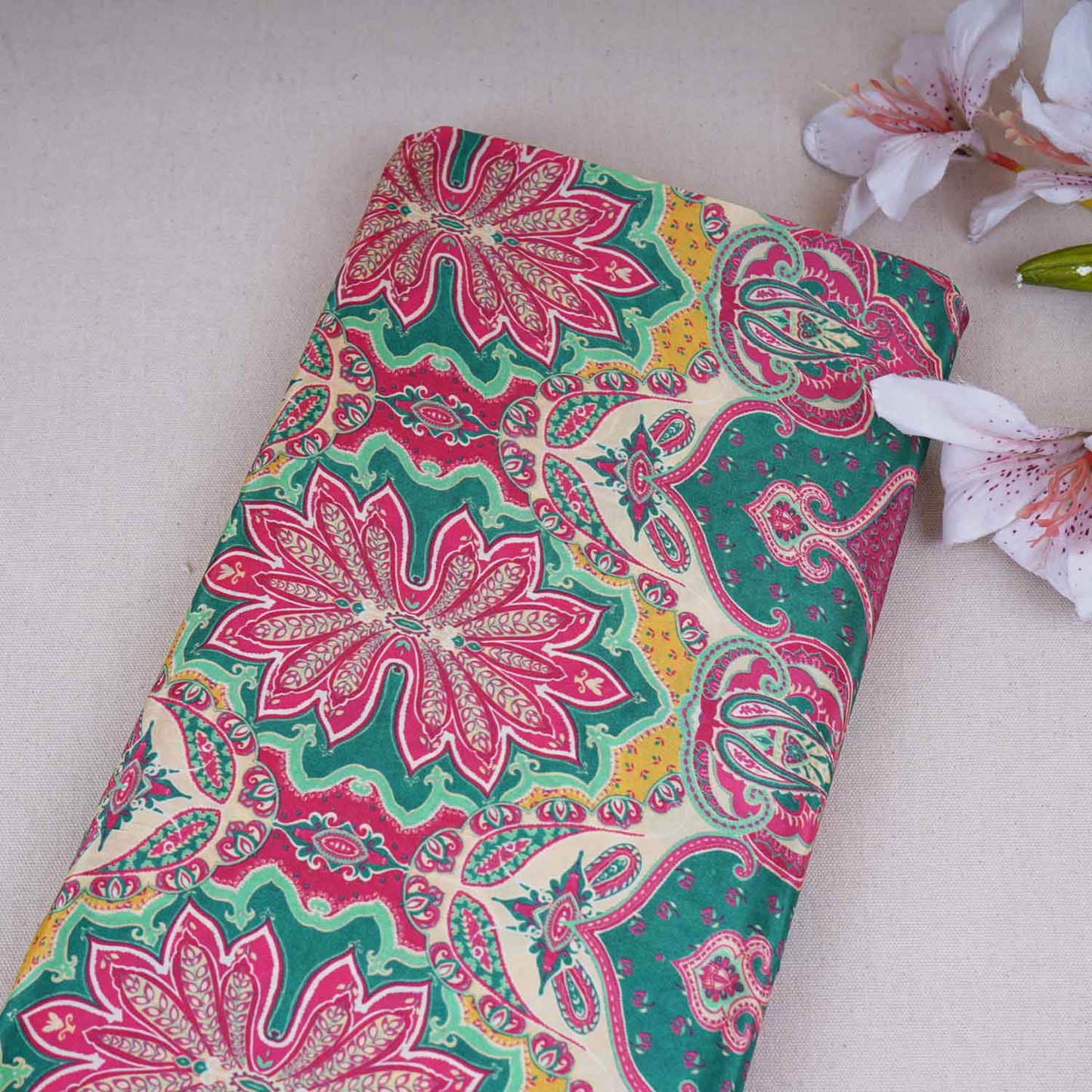 Magenta Pink With Multicolor Floral Print Crepe Fabric GT-29183