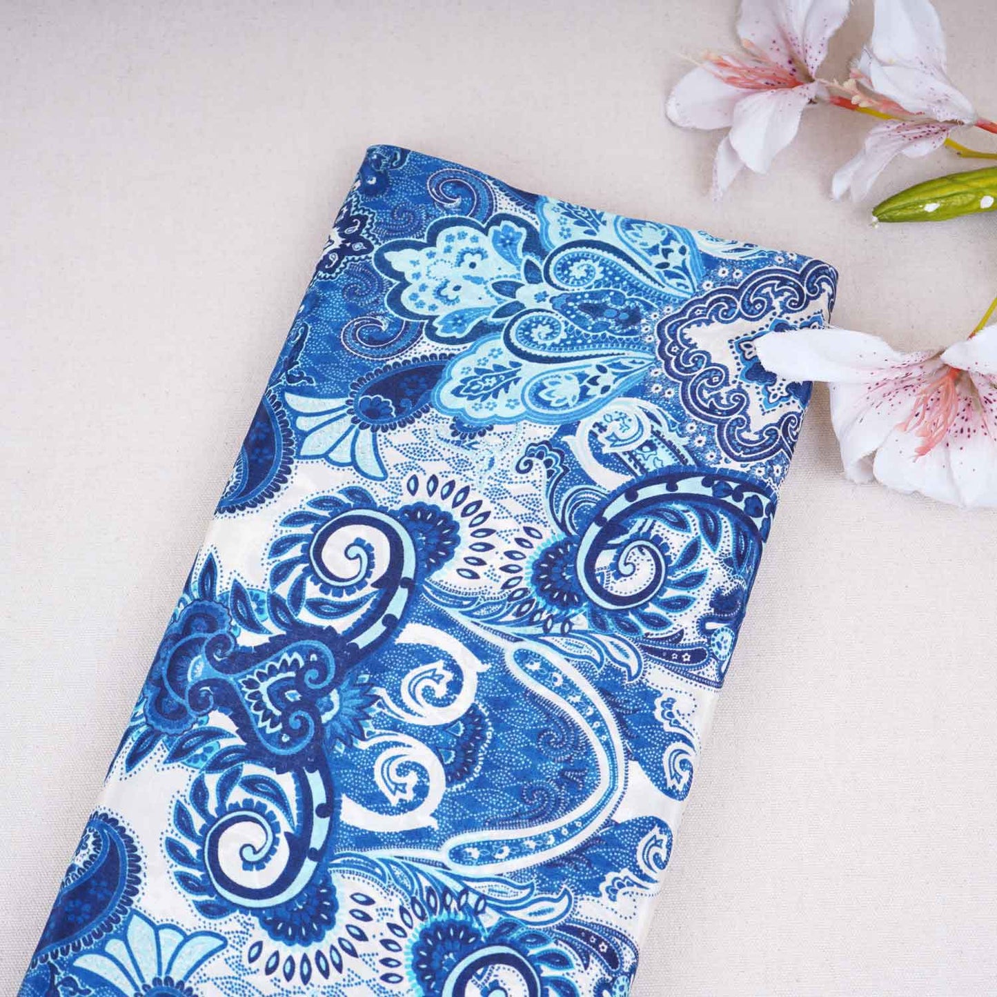 Blue With off White Floral Print Crepe Fabric GT-29184