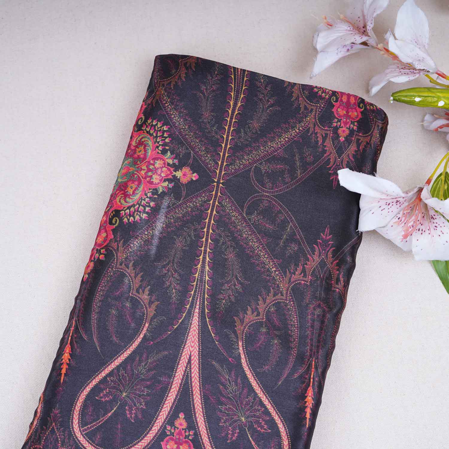 Black Floral Print Crepe Fabric GT-29187 - TradeUNO