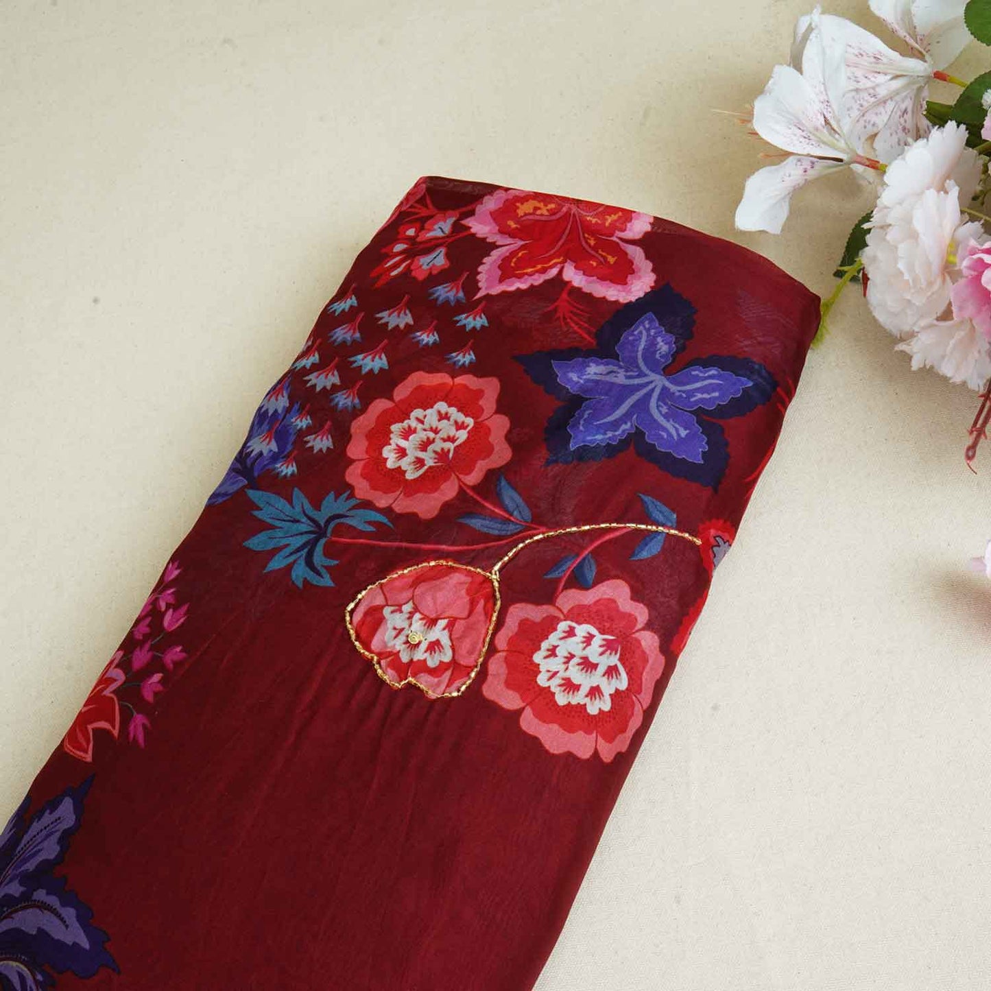 Wine Cutdana Hand Work Floral Print Organza Fabric MT-28292