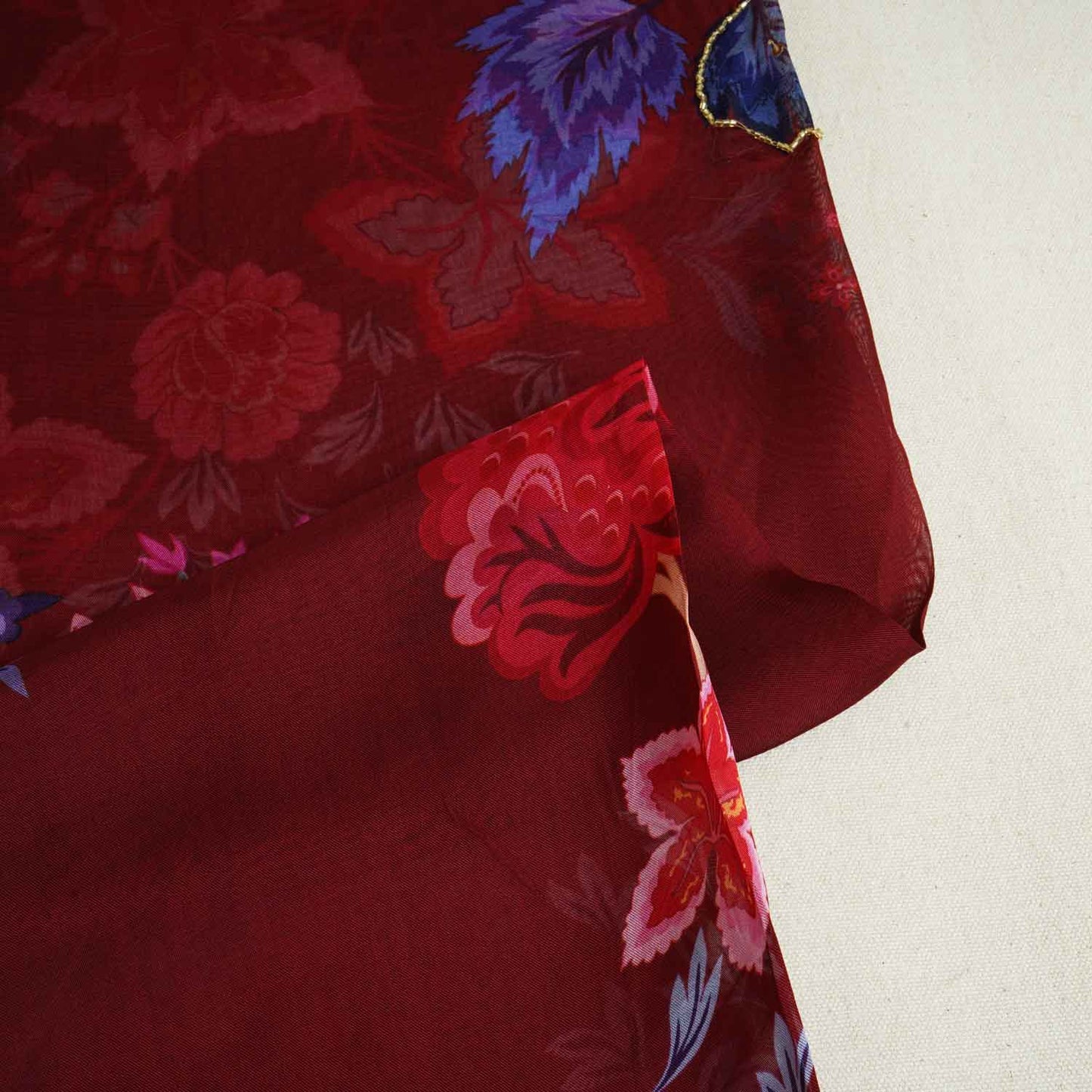 Wine Cutdana Hand Work Floral Print Organza Fabric MT-28292