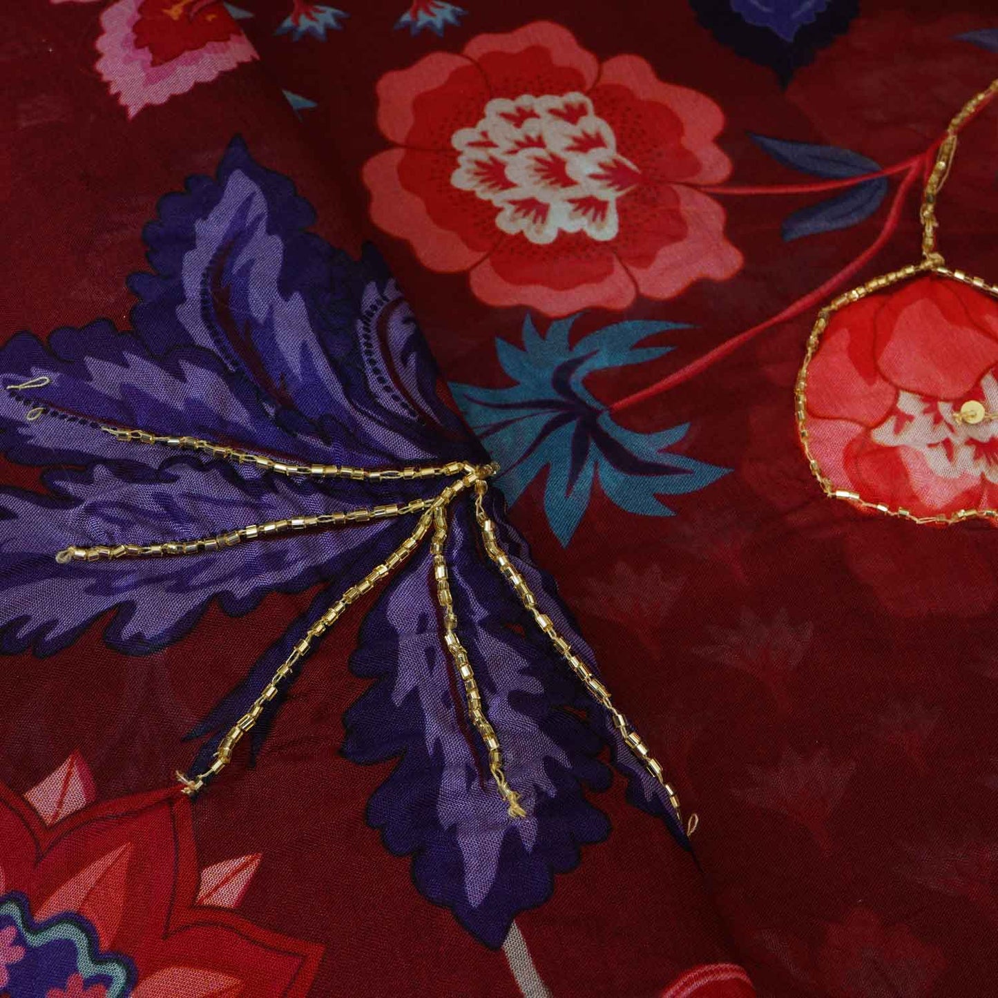 Wine Cutdana Hand Work Floral Print Organza Fabric MT-28292