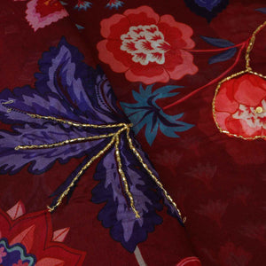 Wine Cutdana Hand Work Floral Print Organza Fabric MT-28292 - TradeUNO
