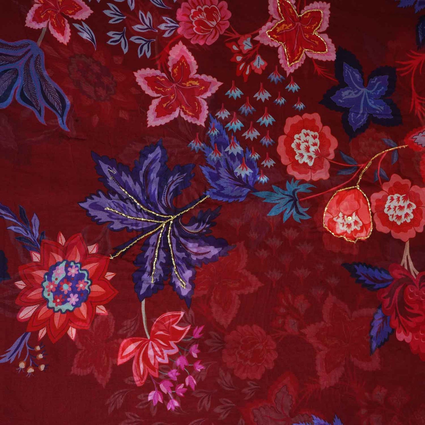 Wine Cutdana Hand Work Floral Print Organza Fabric MT-28292
