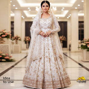 White Floral Zari Embroidery Dyeable Crepe Fabric AC-29216 - TradeUNO