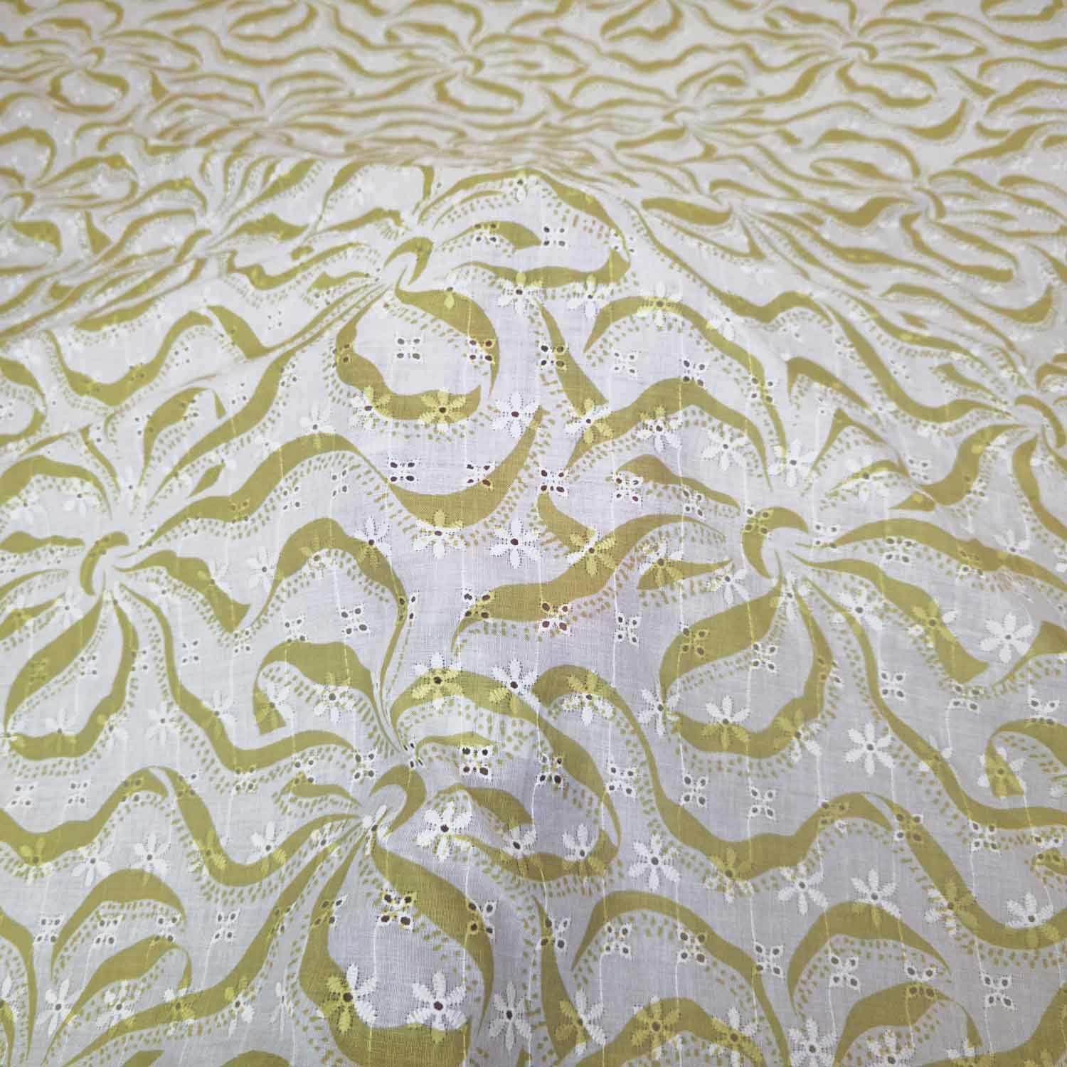 Lime Green Abstract Print Cotton Schiffli Fabric MT-29220 - TradeUNO
