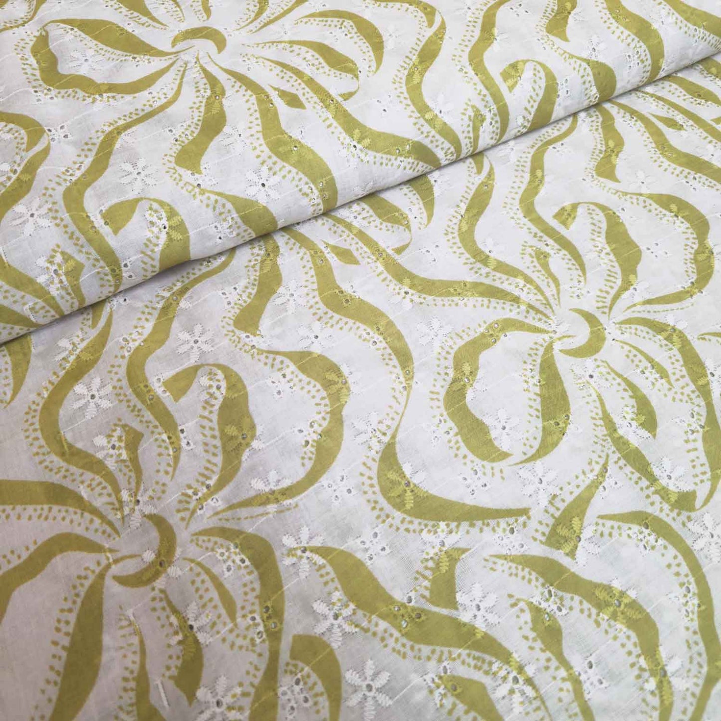 Lime Green Abstract Print Cotton Schiffli Fabric MT-29220