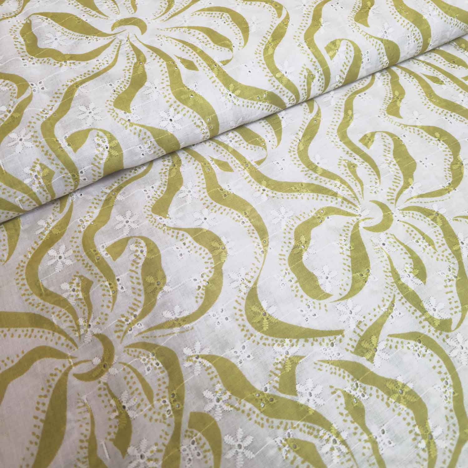 Lime Green Abstract Print Cotton Schiffli Fabric MT-29220 - TradeUNO