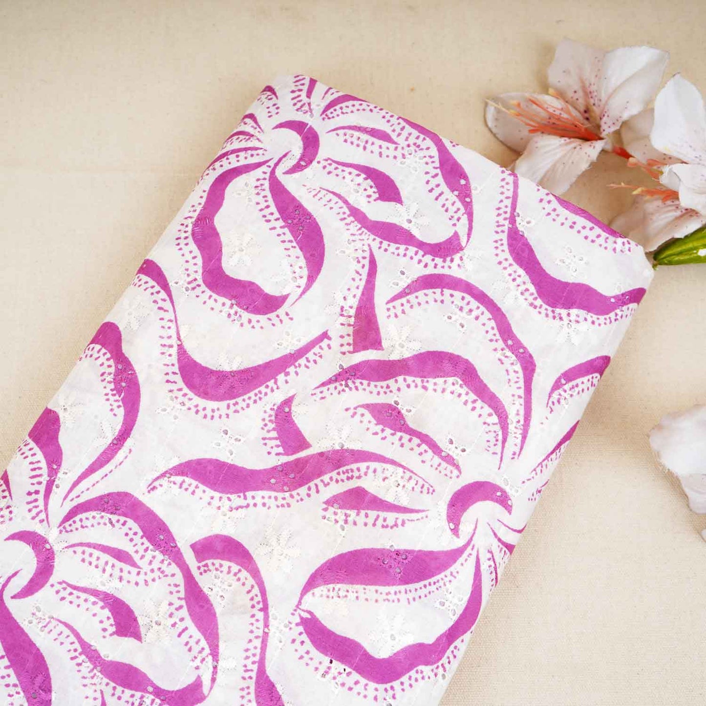 Magenta Abstract Print Cotton Schiffli Fabric MT-29221