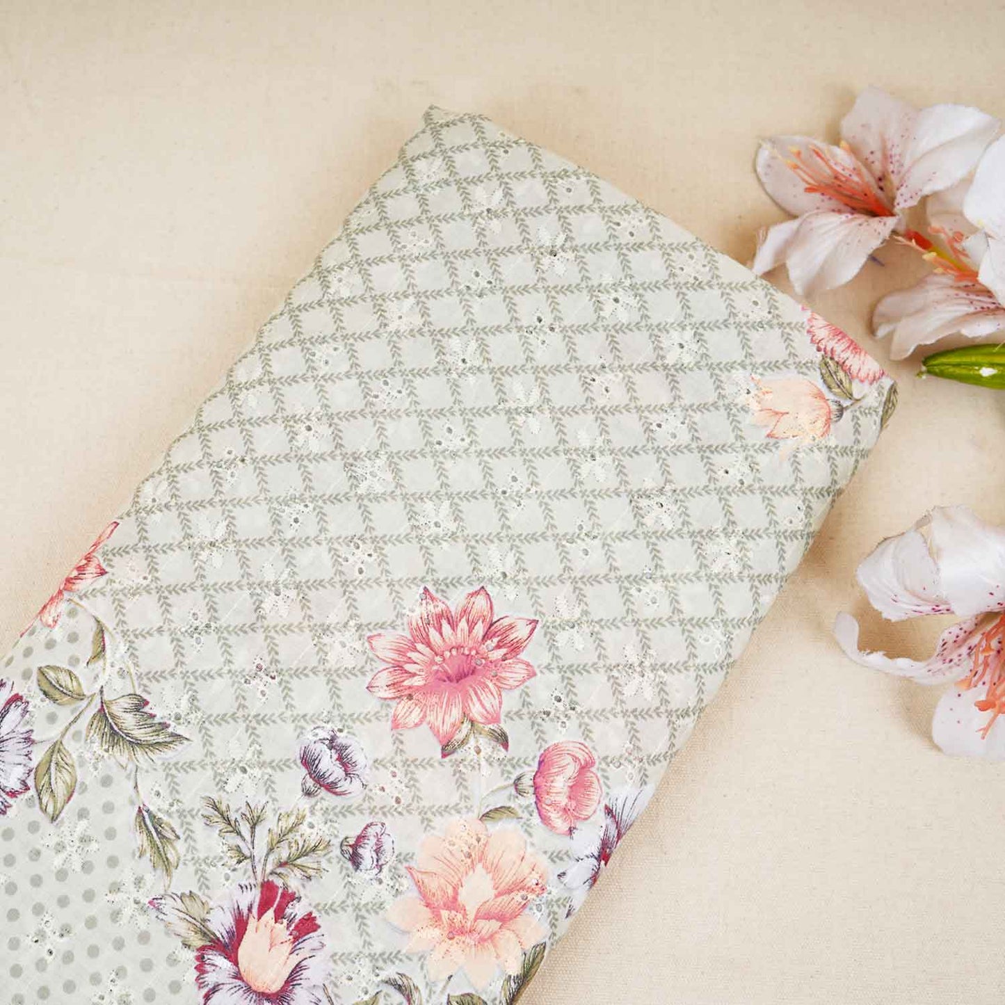 Light Green Floral Print Cotton Schiffli Fabric MT-29222