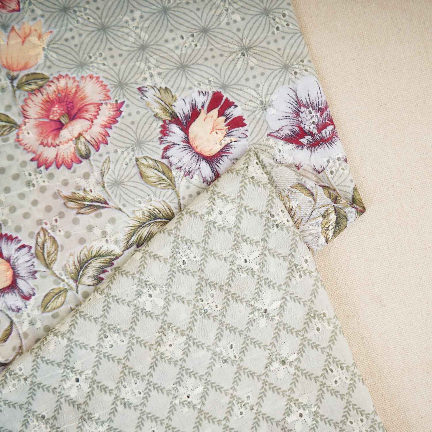 Light Green Floral Print Cotton Schiffli Fabric MT-29222