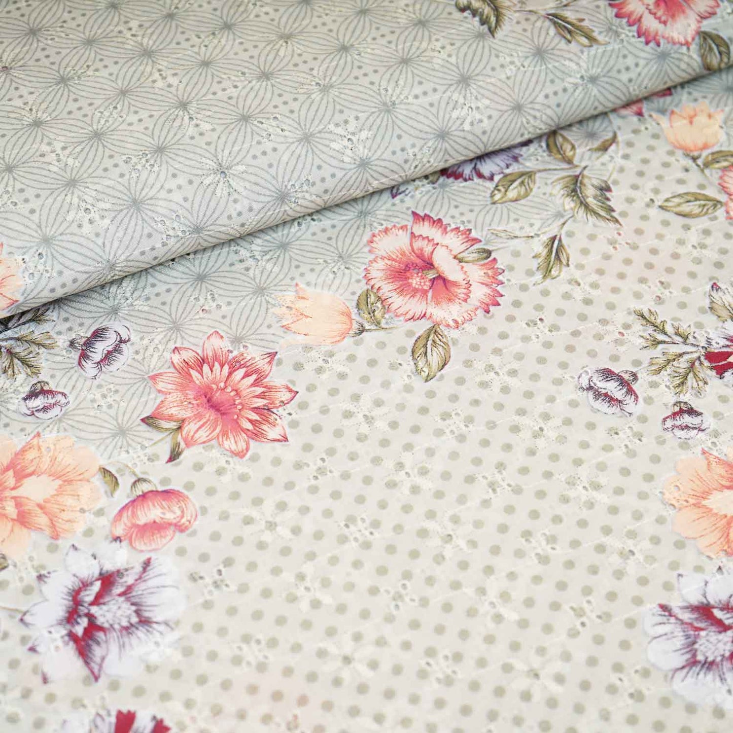 Light Green Floral Print Cotton Schiffli Fabric MT-29222