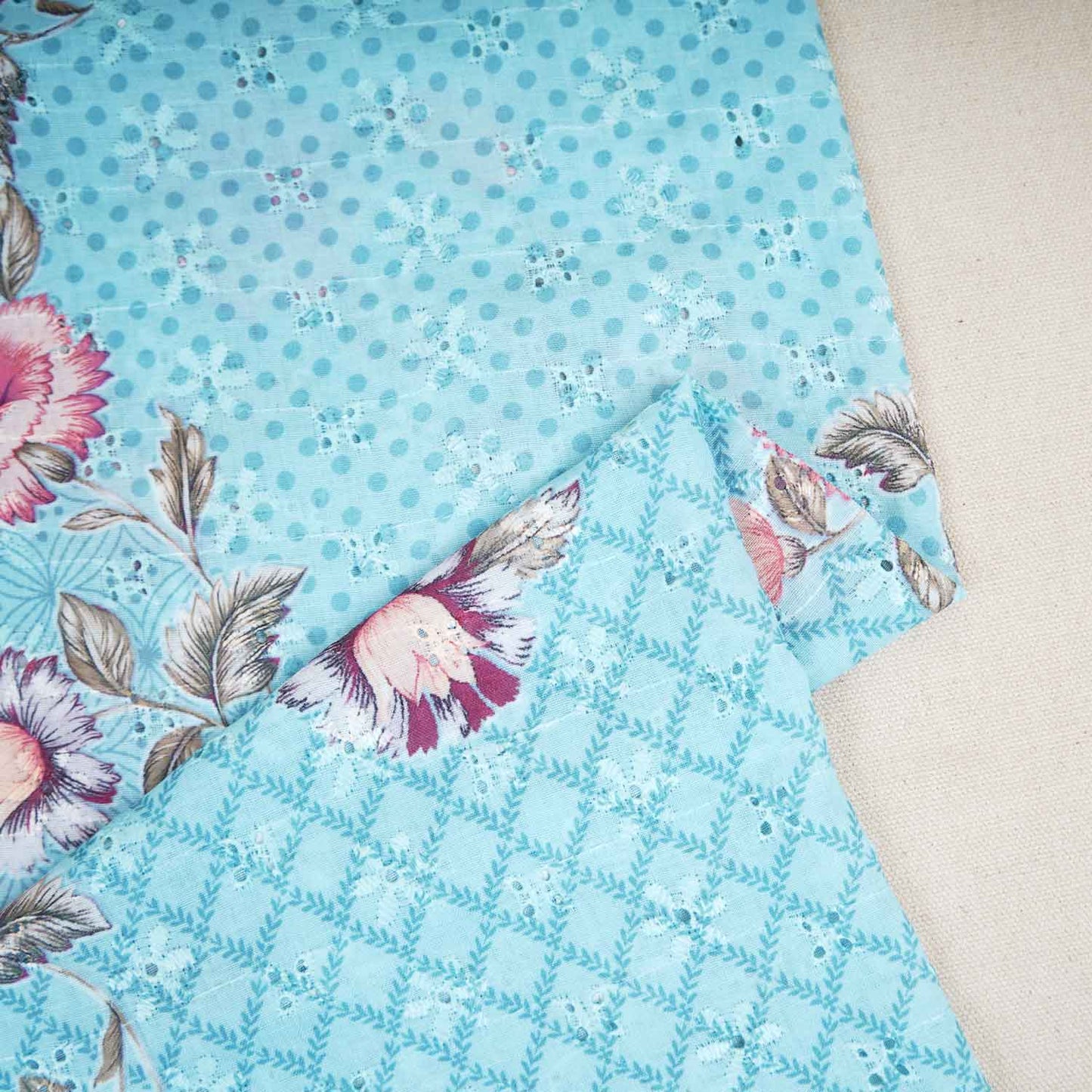 Sky Blue Floral Print Cotton Schiffli Fabric MT-29224