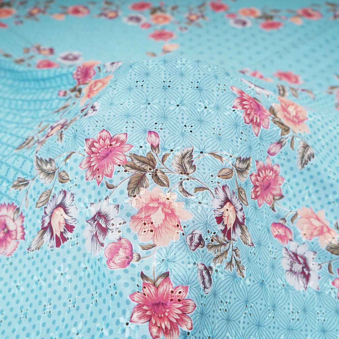 Sky Blue Floral Print Cotton Schiffli Fabric MT-29224